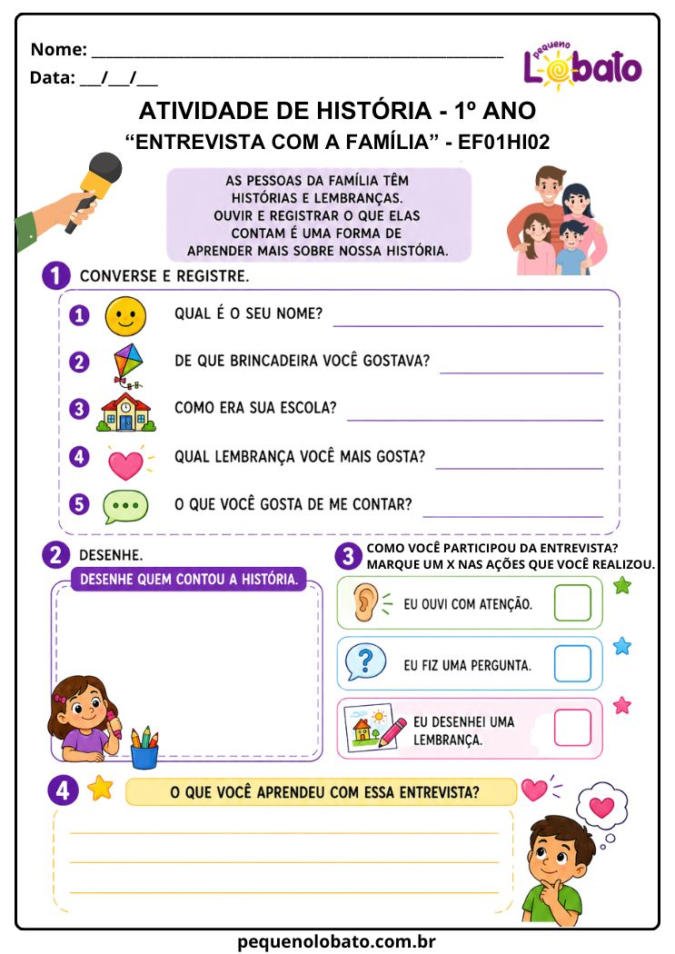 Atividade de História 1º Ano sobre Entrevista com a Família e Registro de Histórias e Lembranças (EF01HI02)