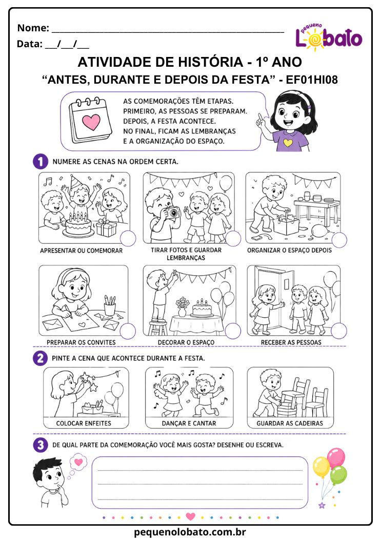 Atividade de História 1º Ano sobre Etapas de Organização e Realização de uma Comemoração (EF01HI08)