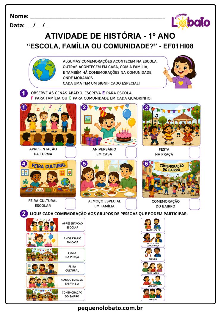 Atividade de História 1º Ano sobre Festas e Comemorações da Escola, da Família e da Comunidade (EF01HI08)