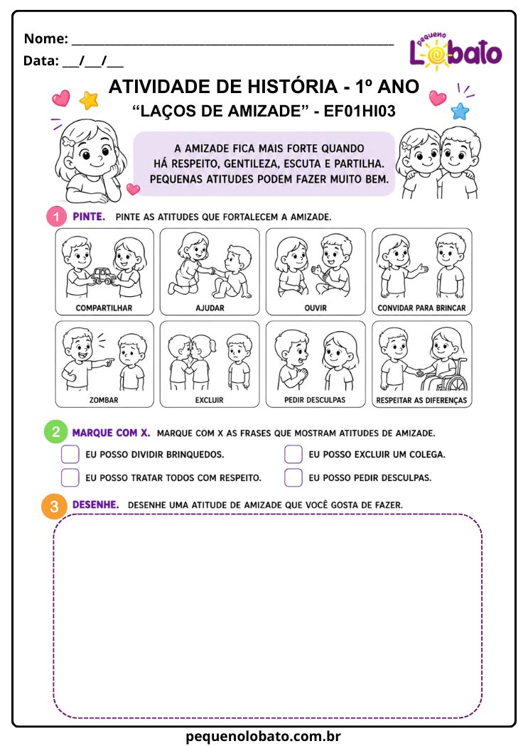 Atividade de História 1º Ano sobre Laços de Amizade, Respeito e Convivência entre Colegas (EF01HI03)