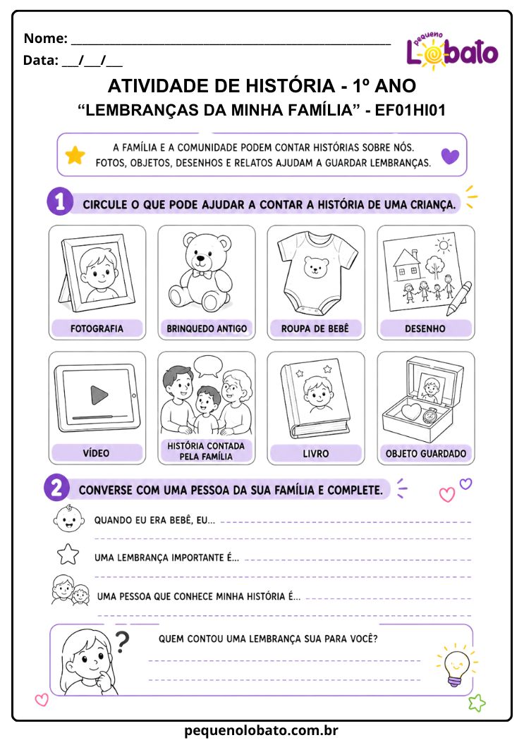 Atividade de História 1º Ano sobre Lembranças da Infância e Registros da Memória Familiar (EF01HI01)