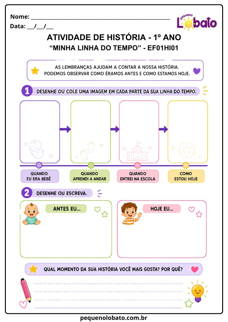Atividade de História 1º Ano sobre Linha do Tempo e Momentos da História Pessoal (EF01HI01)