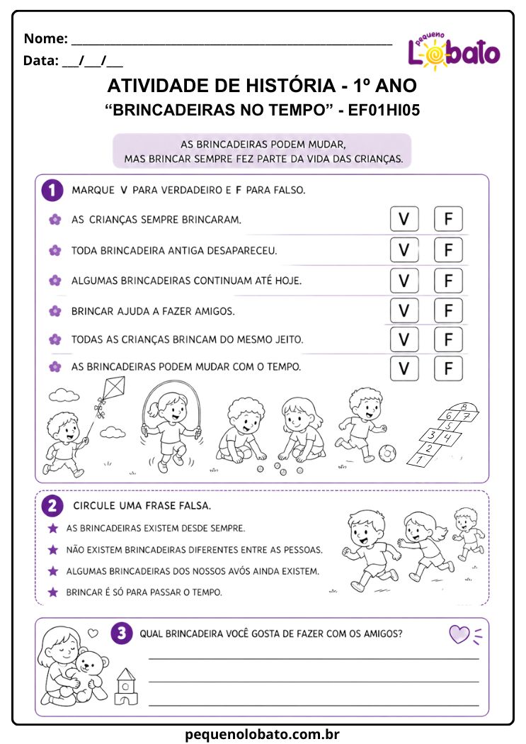 Atividade de História 1º Ano sobre Mudanças e Permanências nas Brincadeiras ao Longo do Tempo (EF01HI05)