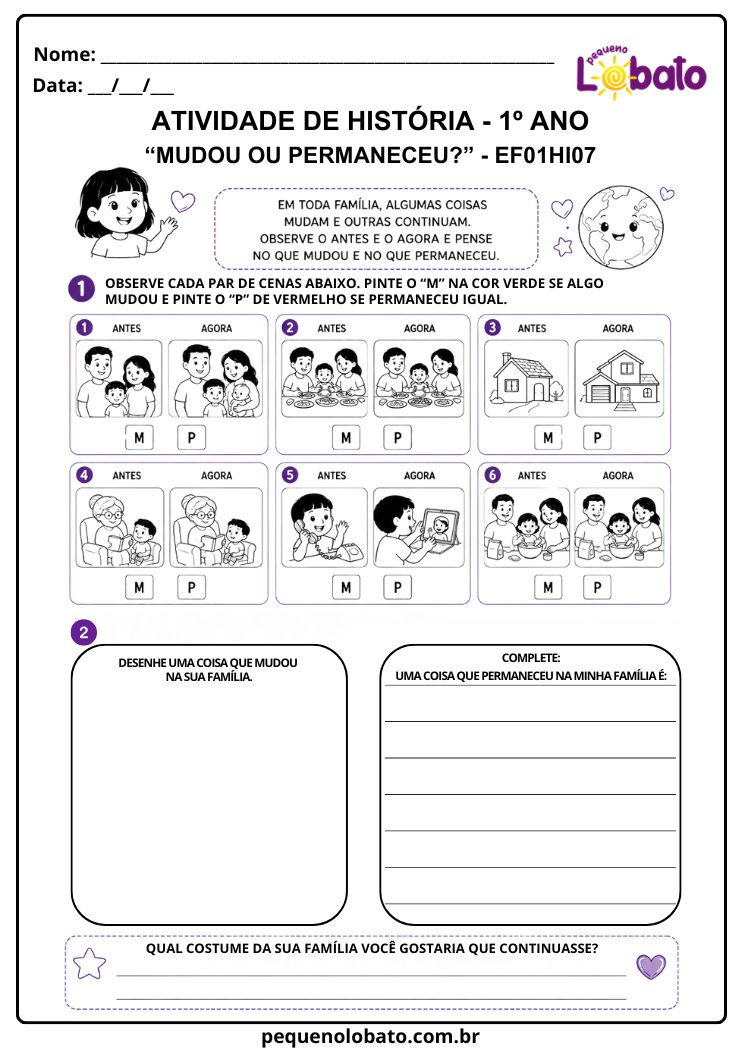 Atividade de História 1º Ano sobre Mudanças e Permanências nas Relações e Vivências Familiares (EF01HI07)