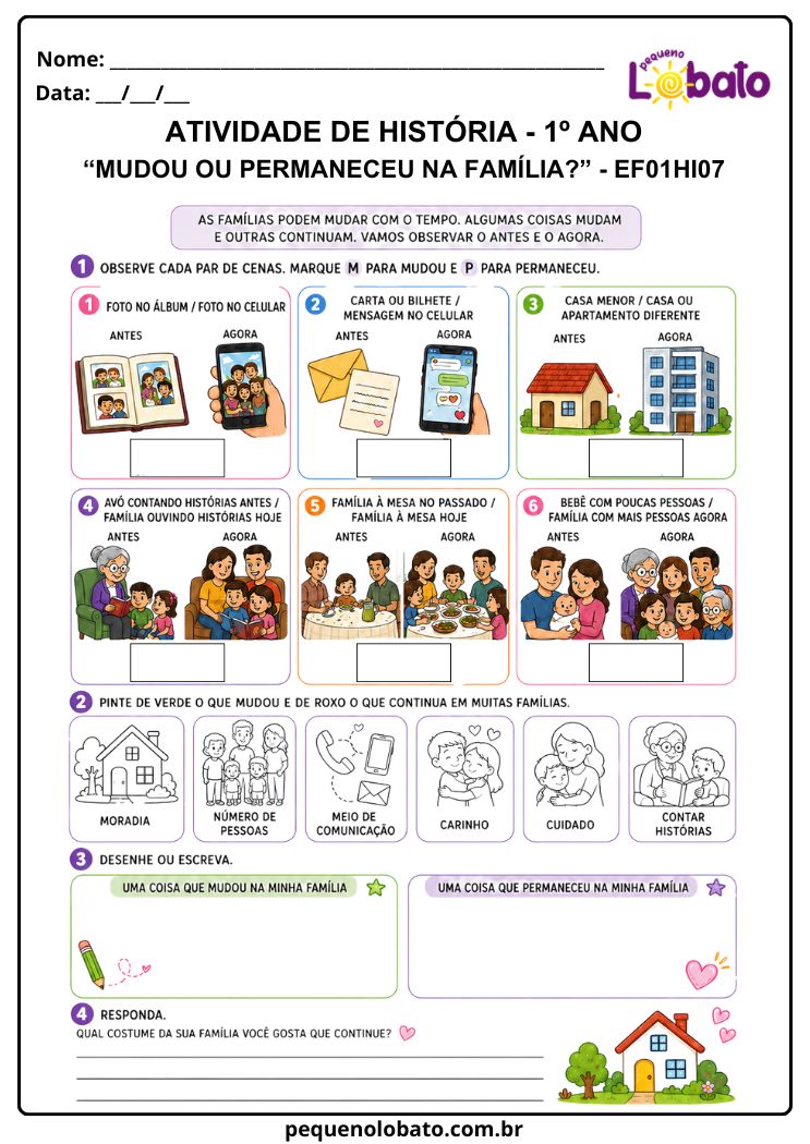 Atividade de História 1º Ano sobre Mudanças e Permanências nos Costumes e na Organização Familiar (EF01HI07)