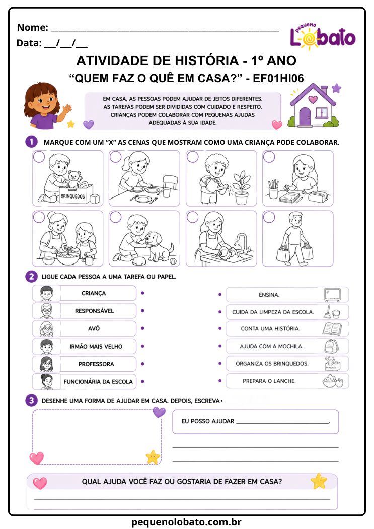 Atividade de História 1º Ano sobre Papéis, Tarefas e Formas de Colaboração em Casa e na Escola (EF01HI06)