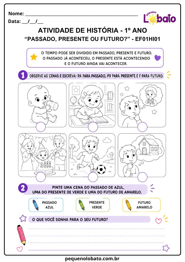Atividade de História 1º Ano sobre Passado, Presente e Futuro em Situações da Vida da Criança (EF01HI01)