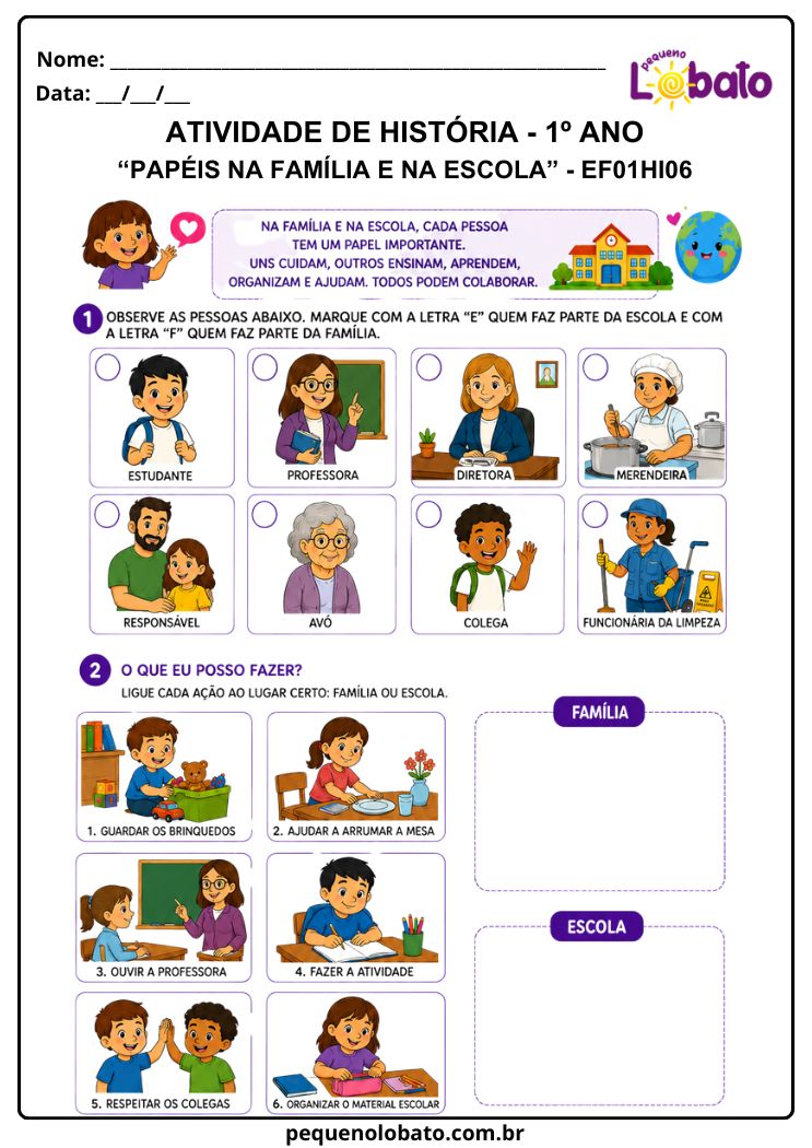 Atividade de História 1º Ano sobre Pessoas, Papéis e Responsabilidades na Família e na Escola (EF01HI06)