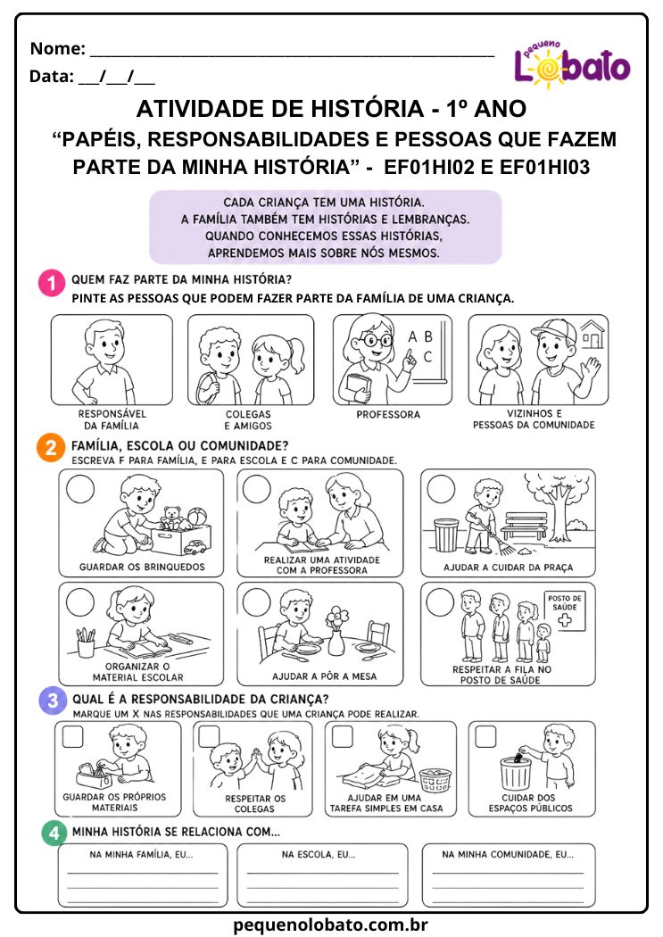 Atividade de História 1º Ano sobre Pessoas da Família, da Escola e da Comunidade e suas Responsabilidades (EF01HI02 e EF01HI03)