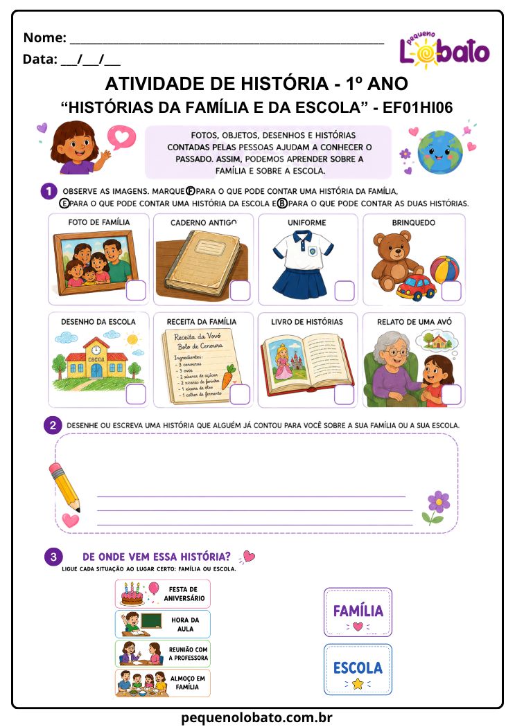 Atividade de História 1º Ano sobre Registros, Objetos e Relatos das Histórias da Família e da Escola (EF01HI06)