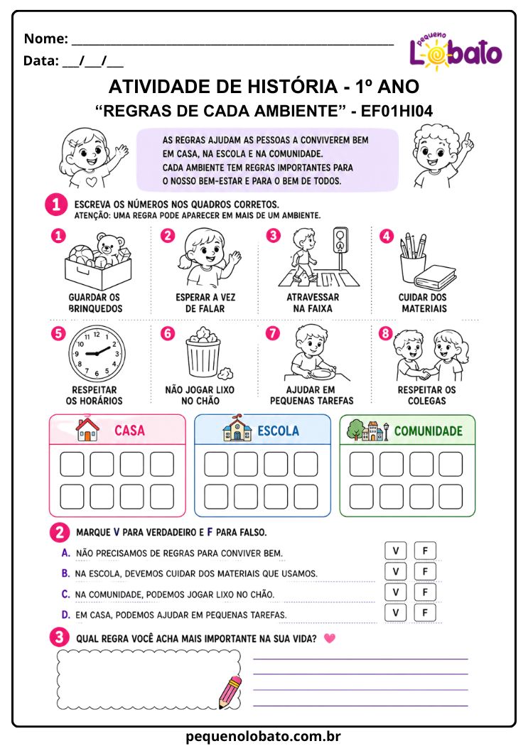 Atividade de História 1º Ano sobre Regras de Convivência em Casa, na Escola e na Comunidade (EF01HI04)