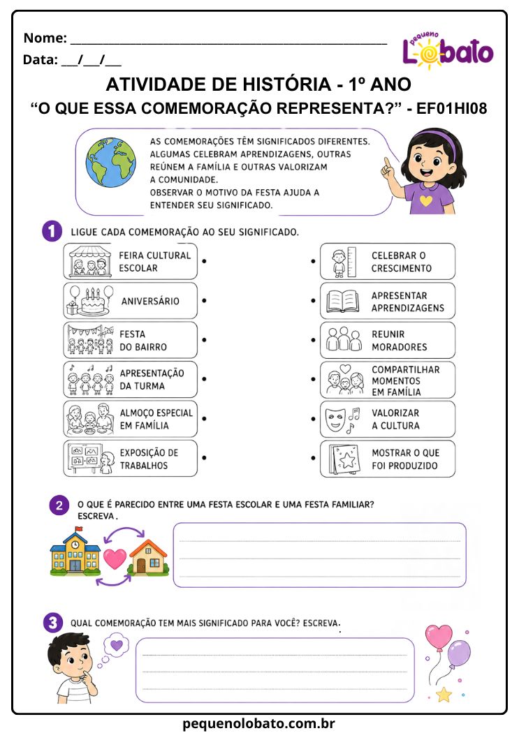 Atividade de História 1º Ano sobre Significados das Comemorações Escolares, Familiares e Comunitárias (EF01HI08)