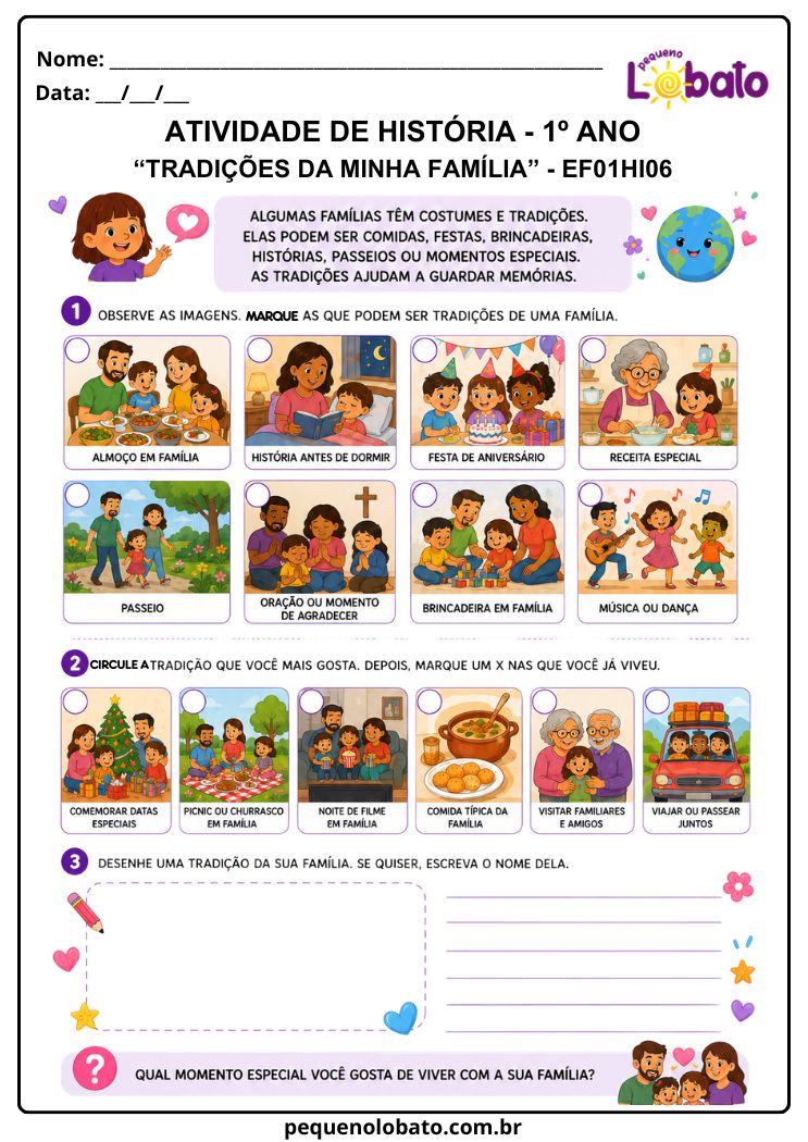 Atividade de História 1º Ano sobre Tradições, Costumes e Momentos Especiais em Família (EF01HI06)