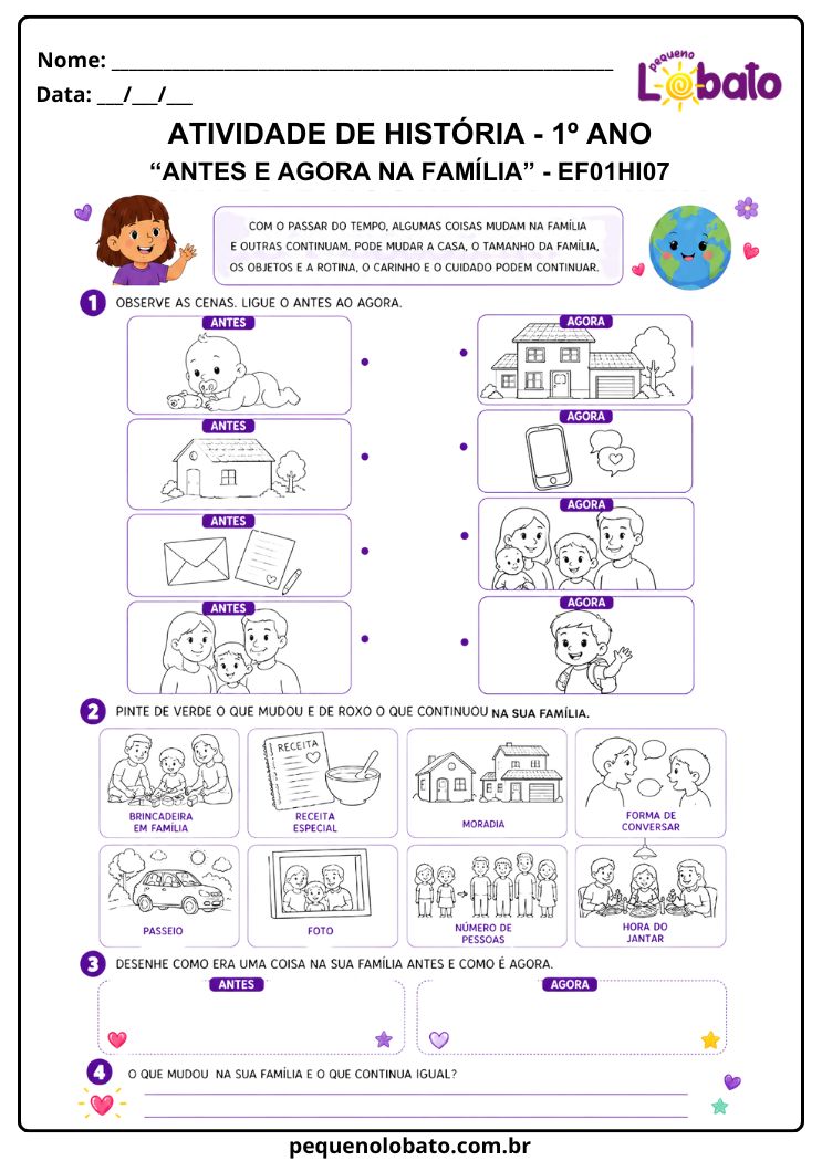 Atividade de História 1º Ano sobre Transformações na Família entre o Antes e o Agora (EF01HI07)
