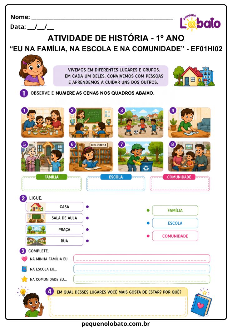 Atividade de História 1º Ano sobre Vivências da Criança na Família, na Escola e na Comunidade (EF01HI02)