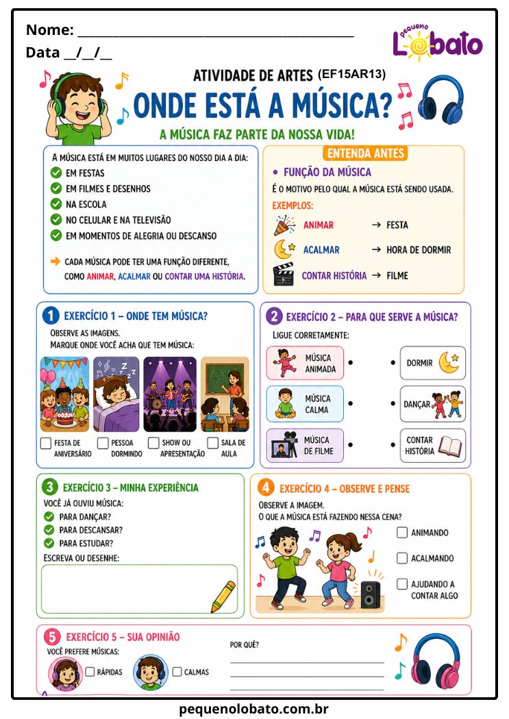 Atividade de Música 1º ao 5º Ano sobre Funções da Música no Cotidiano (EF15AR13)