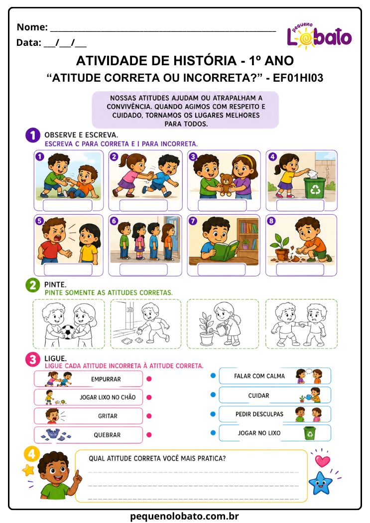 Atividade de História 1º Ano sobre Atitudes de Convivência e Responsabilidade (EF01HI03)