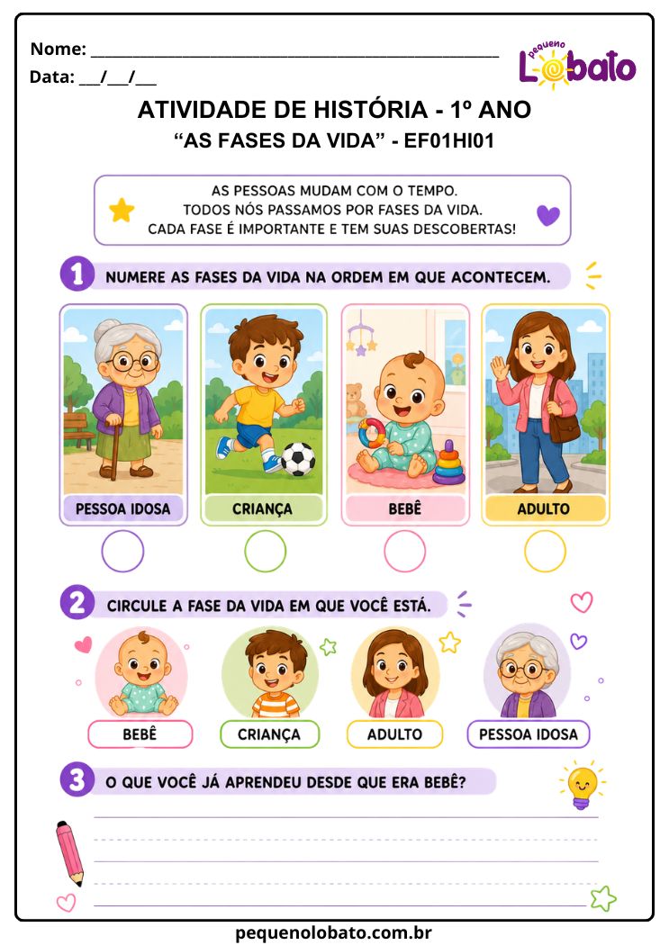 Atividade de História 1º Ano sobre Fases da Vida e Crescimento Pessoal (EF01HI01)