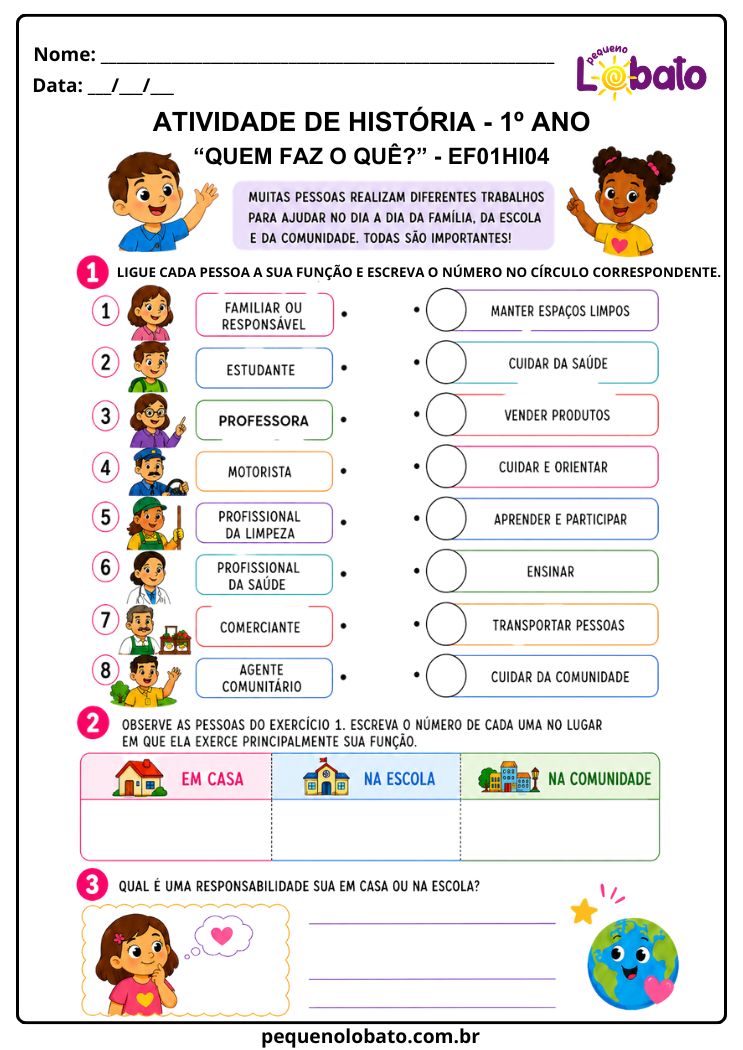 Atividade de História 1º Ano sobre Funções das Pessoas em Casa, na Escola e na Comunidade (EF01HI04)