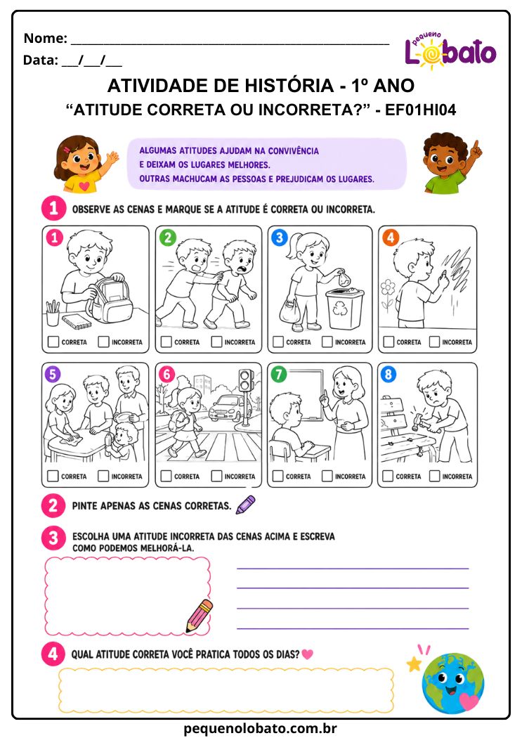 Atividade de História 1º Ano sobre Hábitos, Regras e Atitudes nos Diferentes Ambientes (EF01HI04)