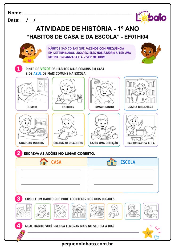 Atividade de História 1º Ano sobre Hábitos da Criança em Casa e na Escola (EF01HI04)