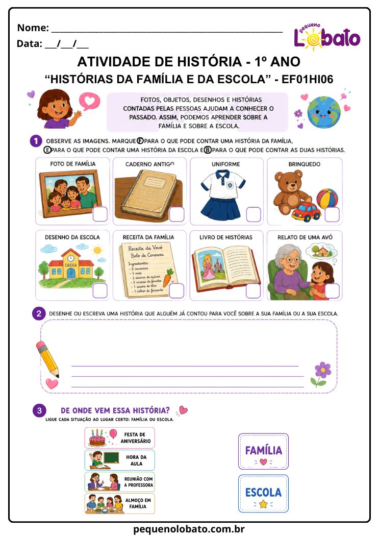 Atividade de História 1º Ano sobre Histórias, Memórias e Registros da Família e da Escola (EF01HI06)
