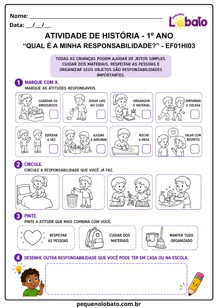 Atividade de História 1º Ano sobre Papéis e Responsabilidades da Criança em Casa e na Escola (EF01HI03)