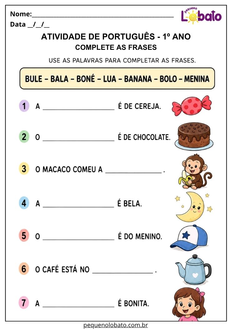 Atividade de Língua Portuguesa 1º ano com banco de palavras para completar frases a partir de pistas visuais