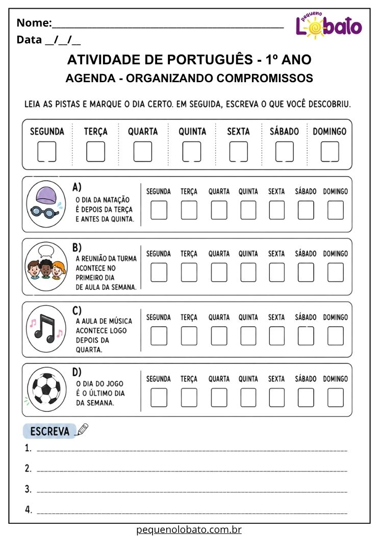 Atividade de Língua Portuguesa 1º ano com desafio de agenda para descobrir dias da semana a partir de pistas