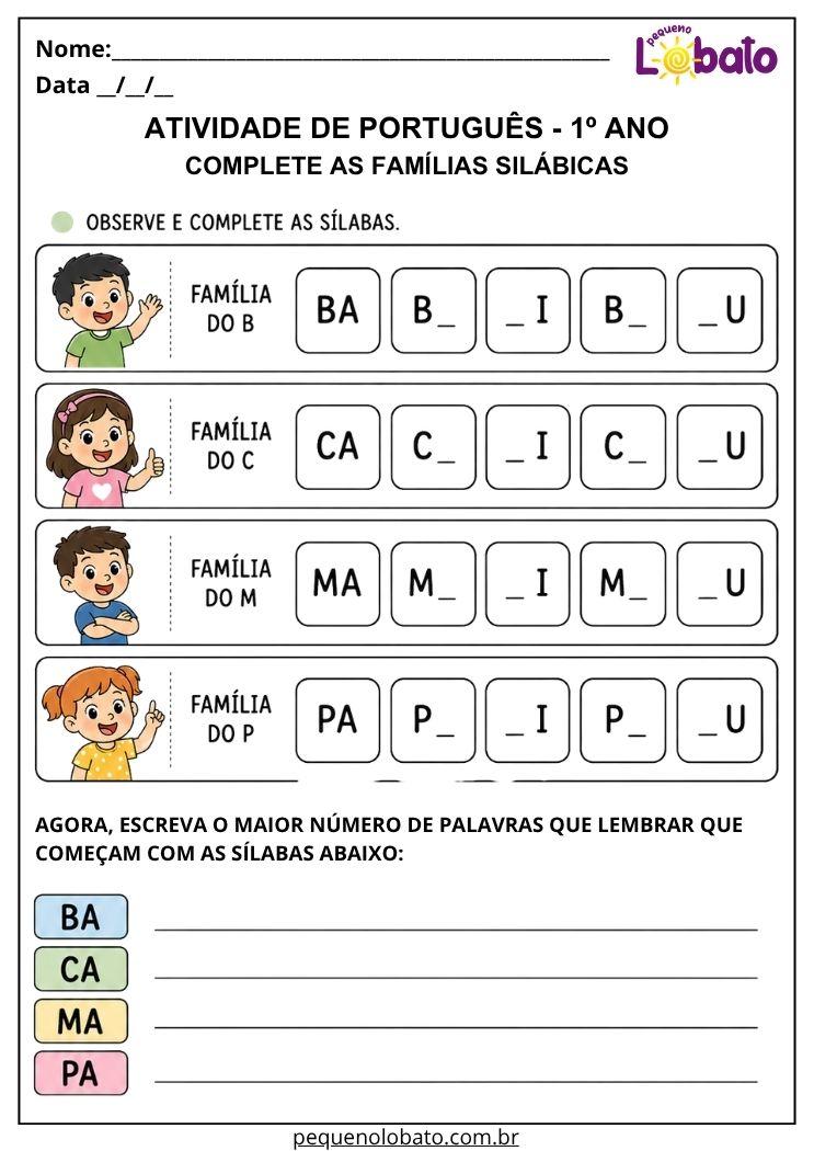 Atividade de Língua Portuguesa 1º ano com famílias silábicas para completar sequências e ampliar o repertório de palavras