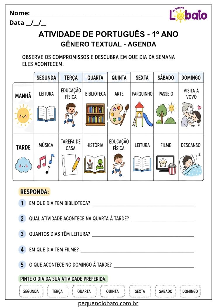 Atividade de Língua Portuguesa 1º ano com gênero textual agenda para ler compromissos e localizar dias da semana