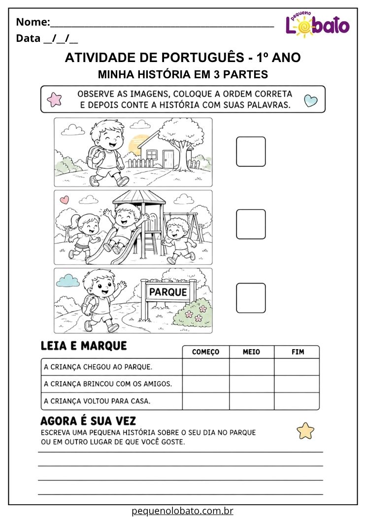 Atividade de Língua Portuguesa 1º ano com história em 3 partes sobre o parque para ordenar cenas e escrever com suas palavras