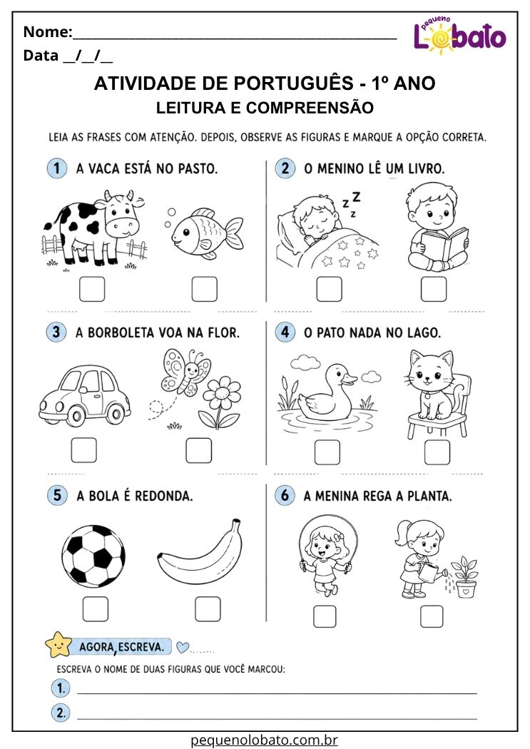Atividade de Língua Portuguesa 1º ano com leitura de frases para interpretar afirmações e identificar imagens corretas