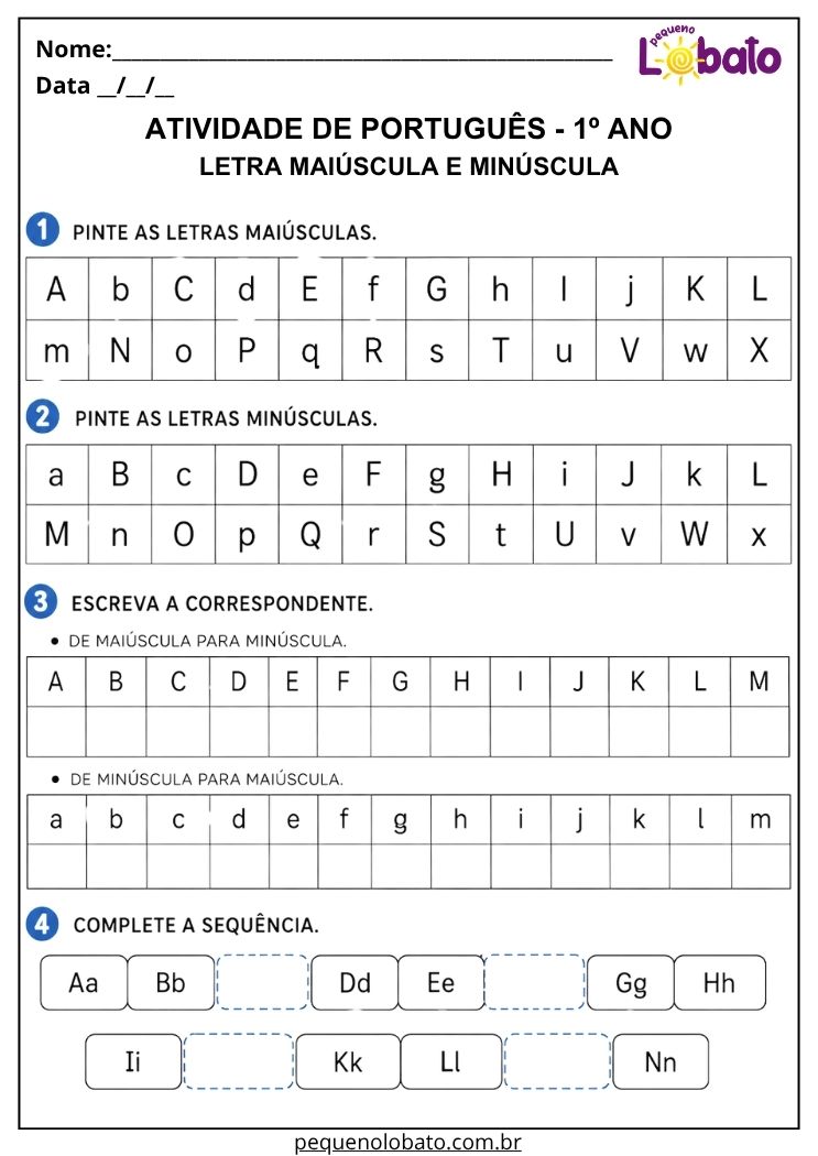 Atividade de Língua Portuguesa 1º ano com letra maiúscula e minúscula para reforçar reconhecimento do alfabeto e sequência de letras