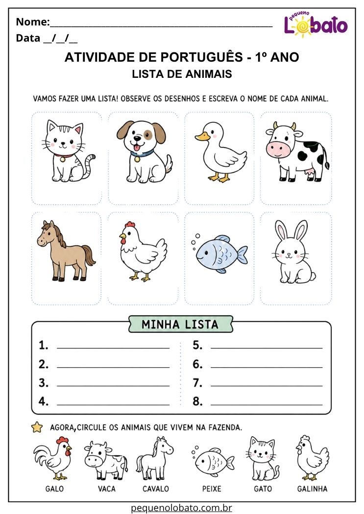 Atividade de Língua Portuguesa 1º ano com lista de animais para escrever nomes e reconhecer animais da fazenda