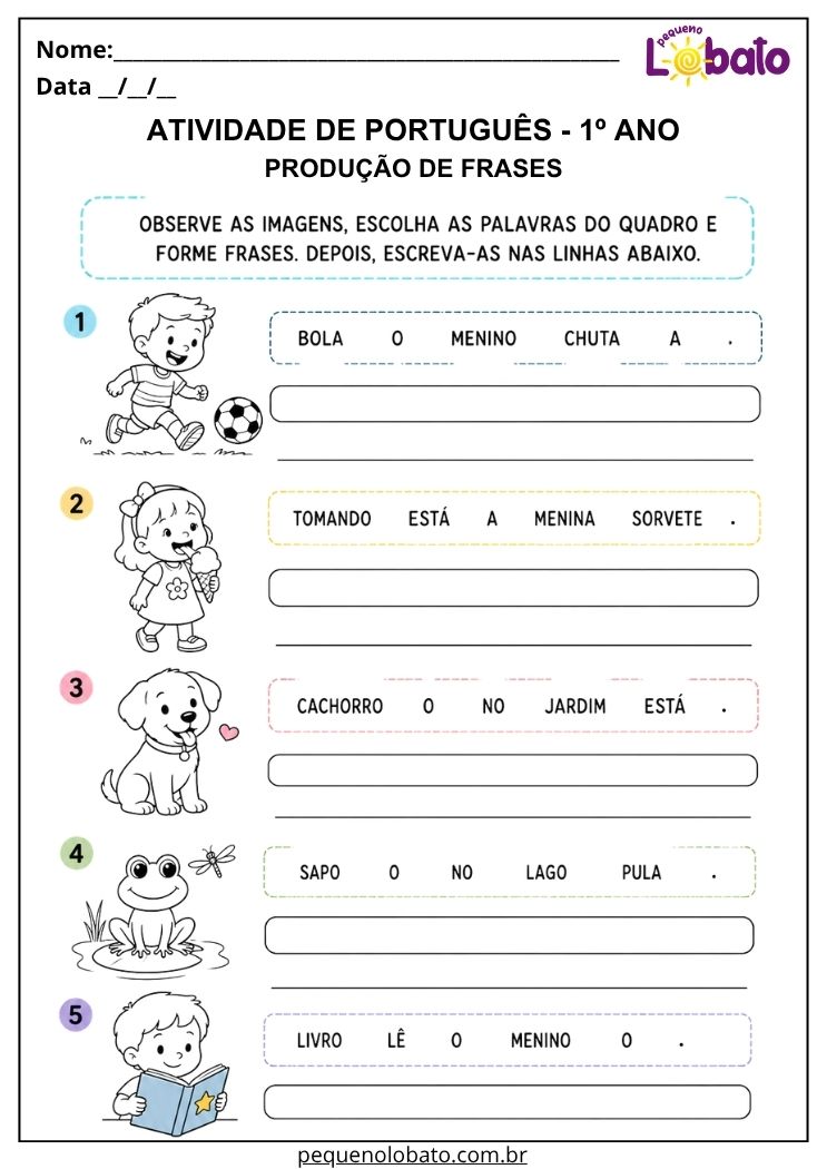 Atividade de Língua Portuguesa 1º ano com palavras embaralhadas para organizar e produzir frases corretamente