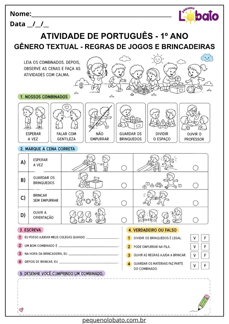 Atividade de Língua Portuguesa 1º ano com regras de jogos e brincadeiras para compreender combinados e atitudes de convivência