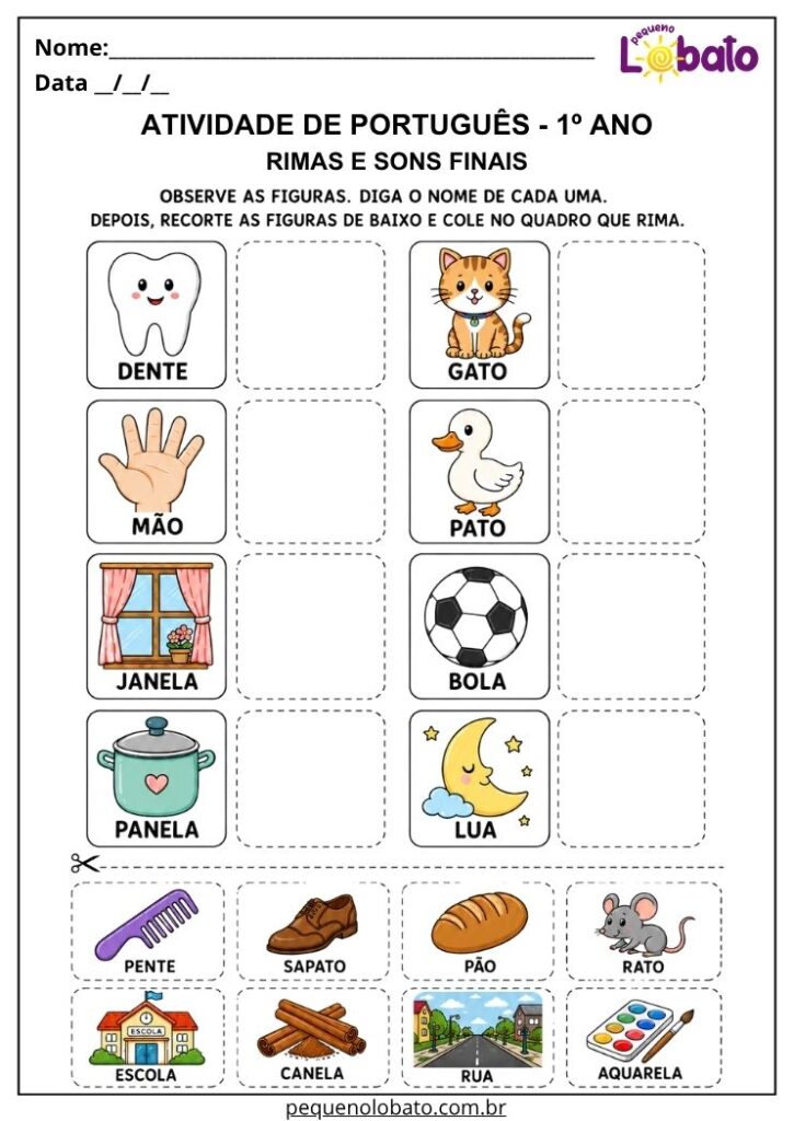 Atividade de Língua Portuguesa 1º ano com rimas e sons finais para completar pares de figuras e ampliar a consciência fonológica