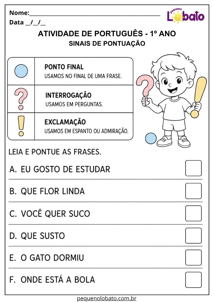 Atividade de Língua Portuguesa 1º ano com sinais de pontuação para compreender o uso do ponto final, interrogação e exclamação