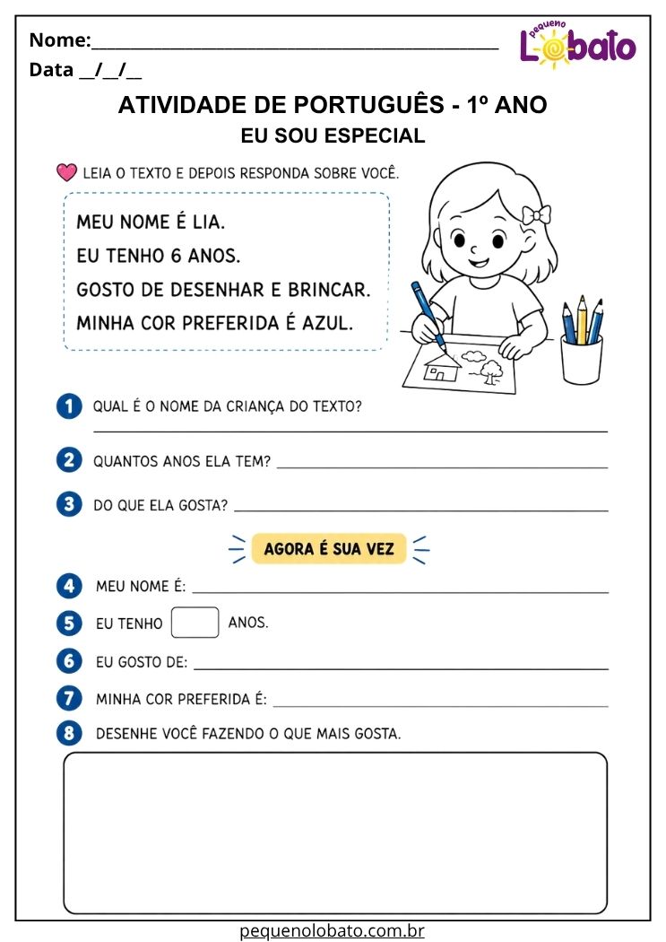 Atividade de Língua Portuguesa 1º ano sobre quem sou eu para desenvolver leitura, escrita e expressão da própria identidade