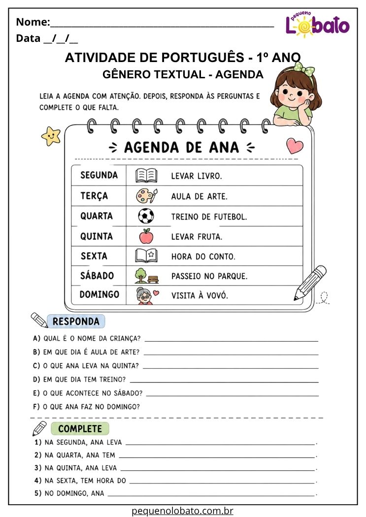 Atividade de Português 1º ano com agenda semanal para ler compromissos, dias da semana e completar informações