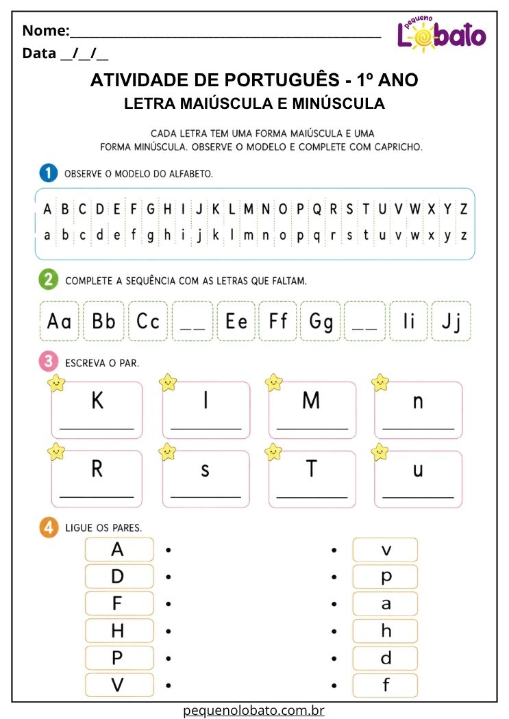 Atividade de Português 1º ano com alfabeto maiúsculo e minúsculo para completar sequências e reconhecer pares de letras