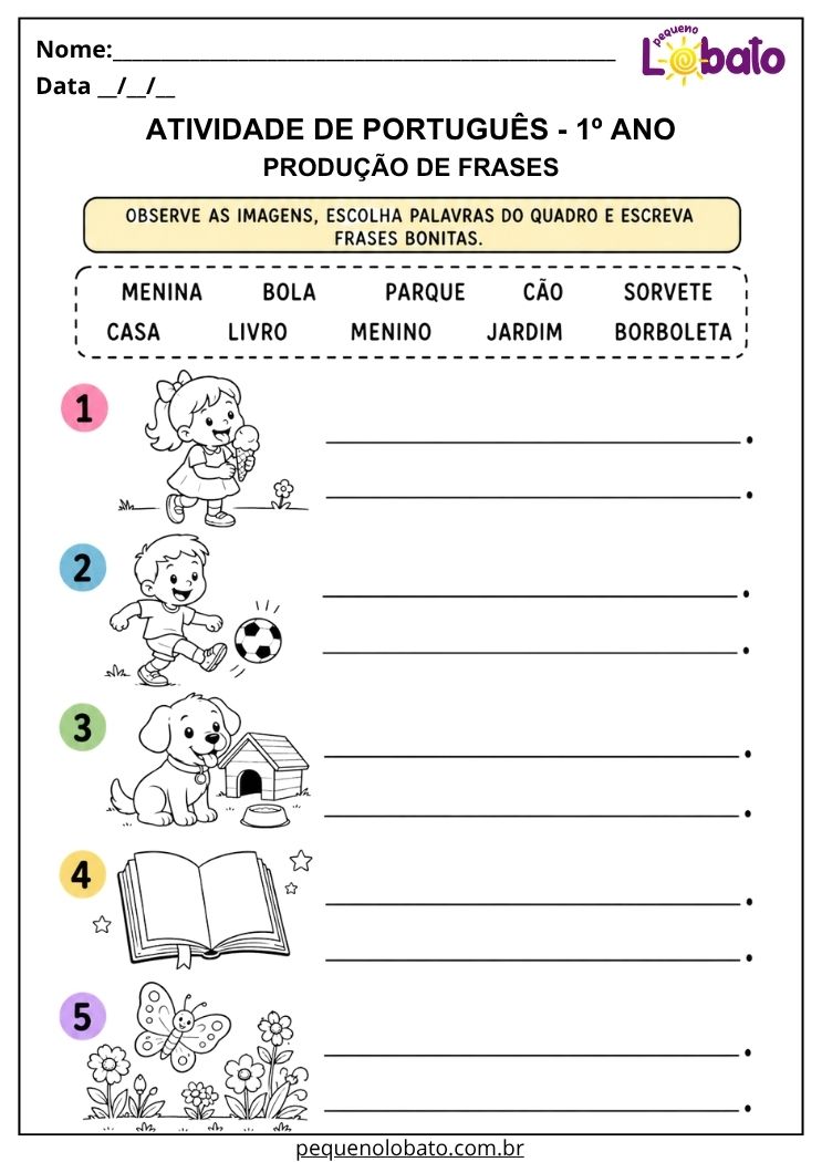 Atividade de Português 1º ano com banco de palavras e figuras para criar frases curtas