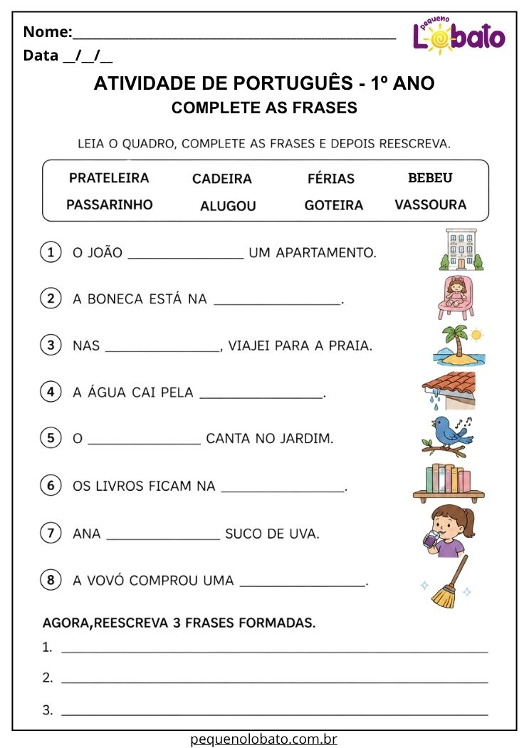 Atividade de Português 1º ano com banco de palavras para completar frases e praticar a reescrita