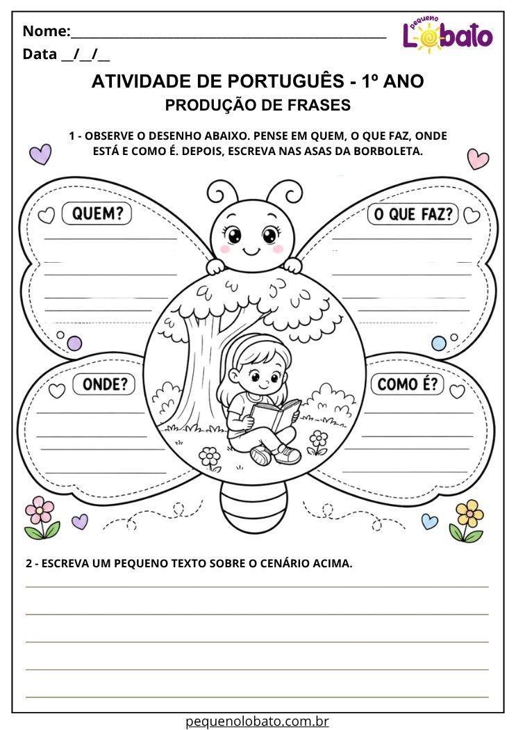 Atividade de Português 1º ano com borboleta organizadora para produção de frases e planejamento de ideias