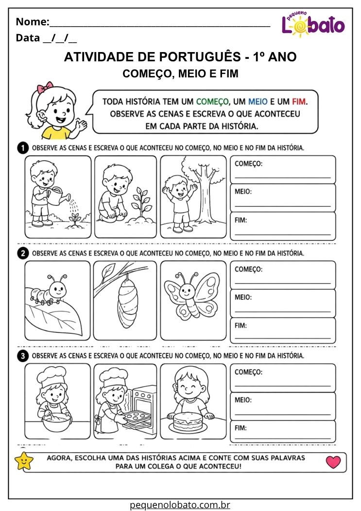 Atividade de Português 1º ano com começo, meio e fim para observar sequências e escrever partes da história