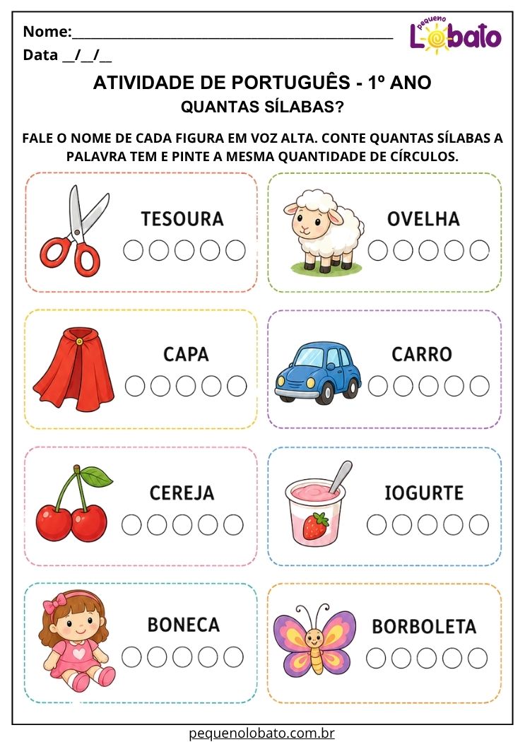 Atividade de Português 1º ano com contagem de sílabas para identificar a quantidade de partes em cada palavra