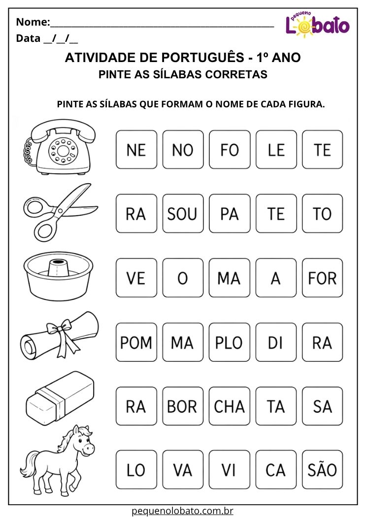Atividade de Português 1º ano com formação de palavras por sílabas para reconhecer e selecionar combinações corretas