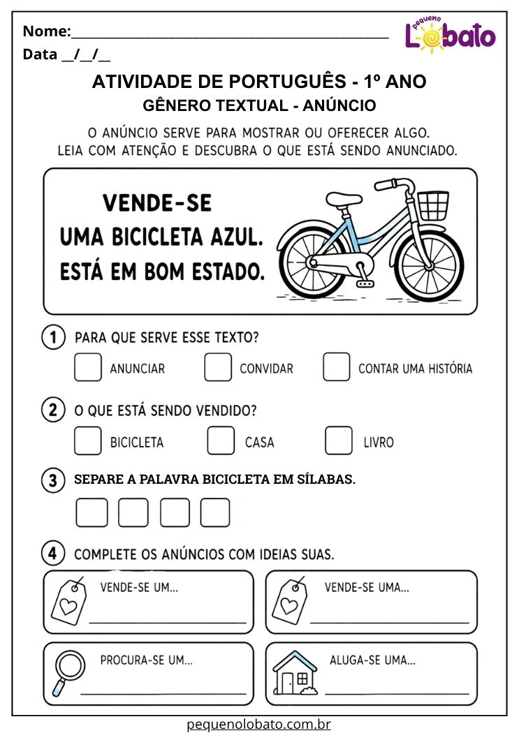 Atividade de Português 1º ano com gênero textual anúncio paa interpretar venda de bicicleta e criar novos anúncios