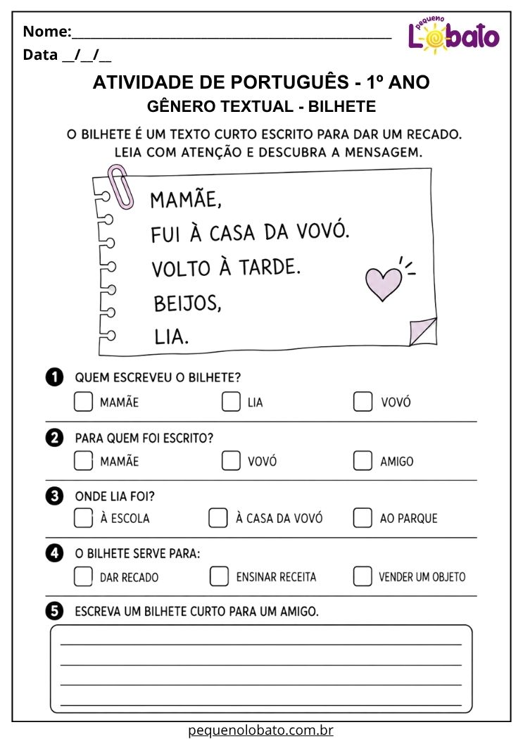 Atividade de Português 1º ano com gênero textual bilhete para interpretar recado familiar e escrever mensagem para um amigo